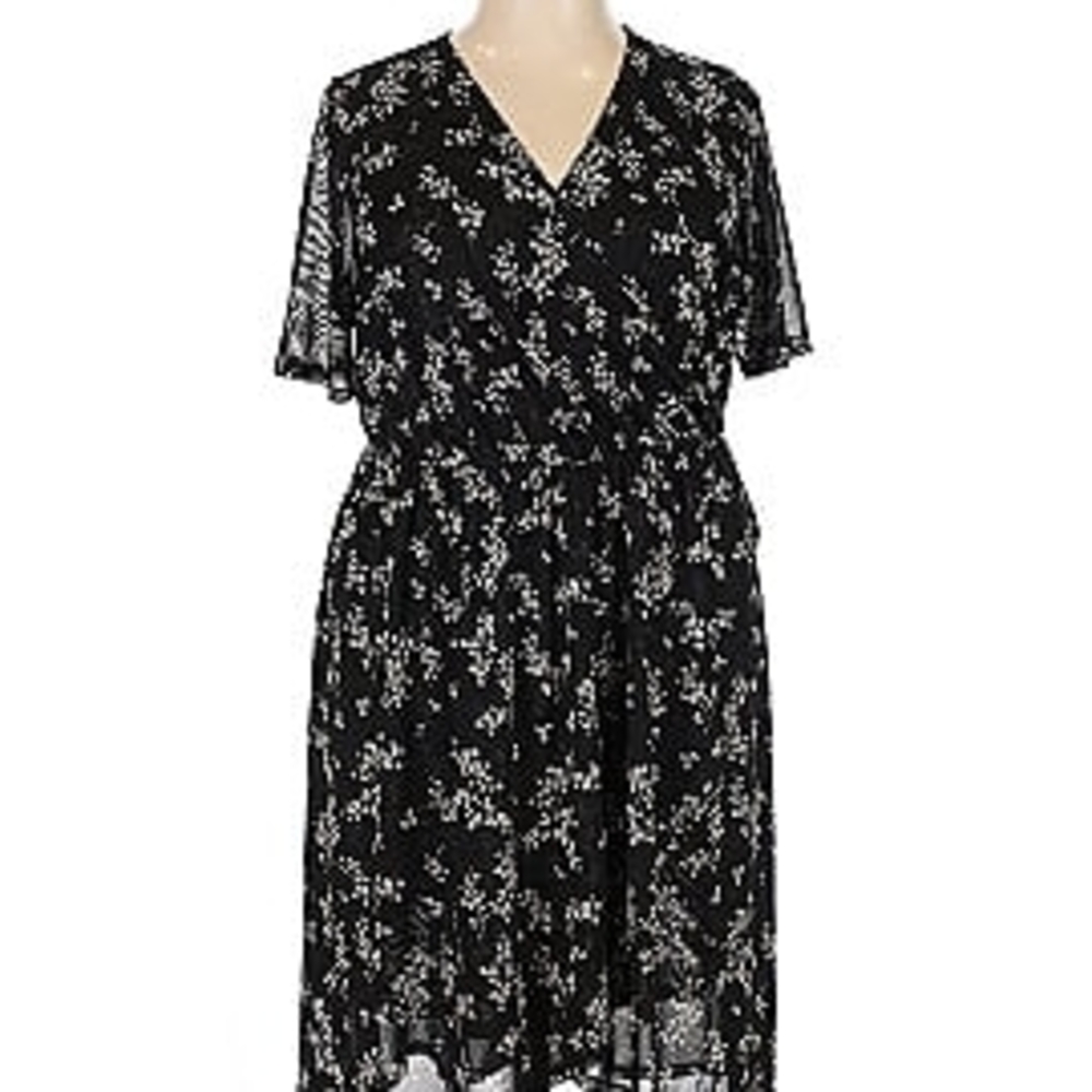 Black Floral Faux Wrap Dress